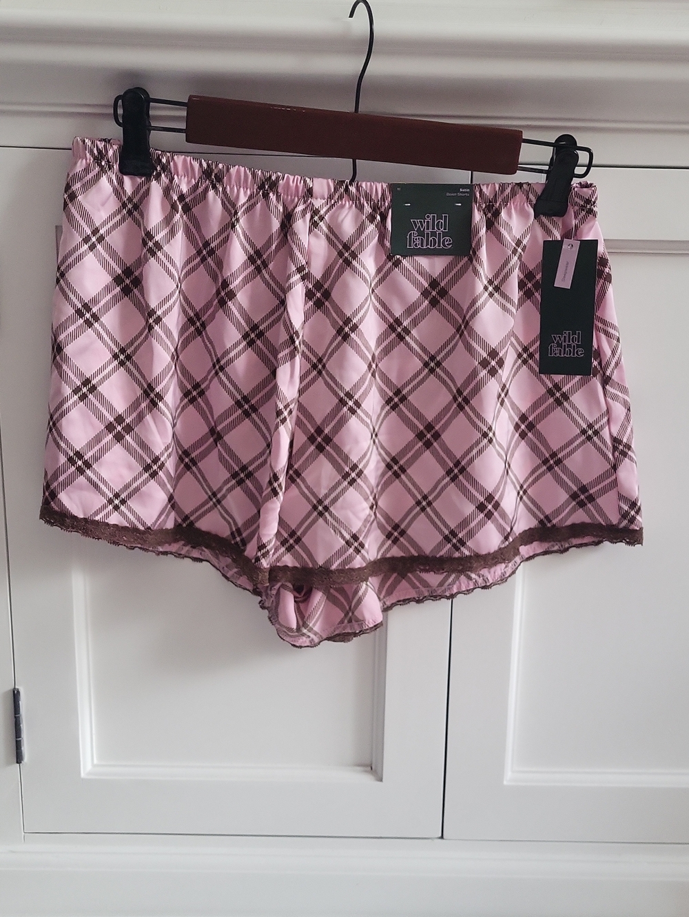 Wild Fable Women’s Pink Brown Plaid Satin Sleep Boxer Shorts Lace Trim Size M